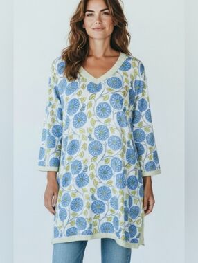 Gretchen Scott Designs V-Neck Tunic in Blue, Green and White